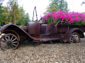 Verrosteter Oldtimer als Blumenkübel in Alaska